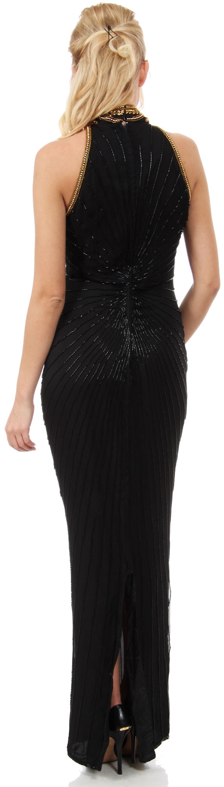 Turtle Neck Stems Bodice Long Beaded Formal Dress — back