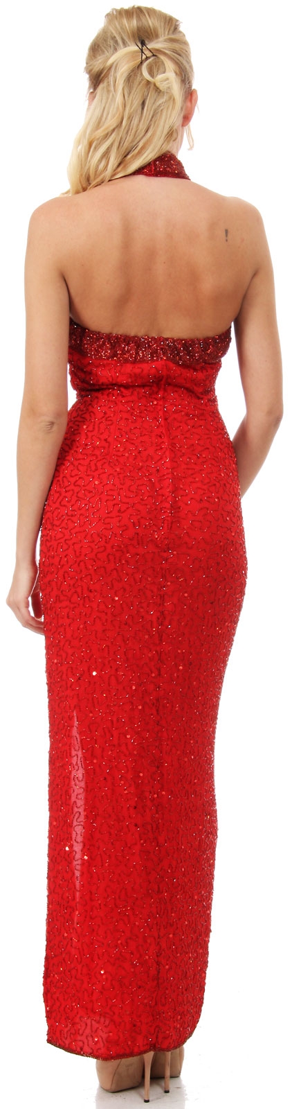 Halter Neck Long Beaded Formal Dress with Front Slit — back