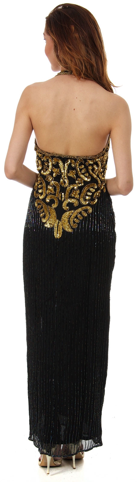 Halter Neck Paisley Sequins Pattern Formal Evening Gown  — back