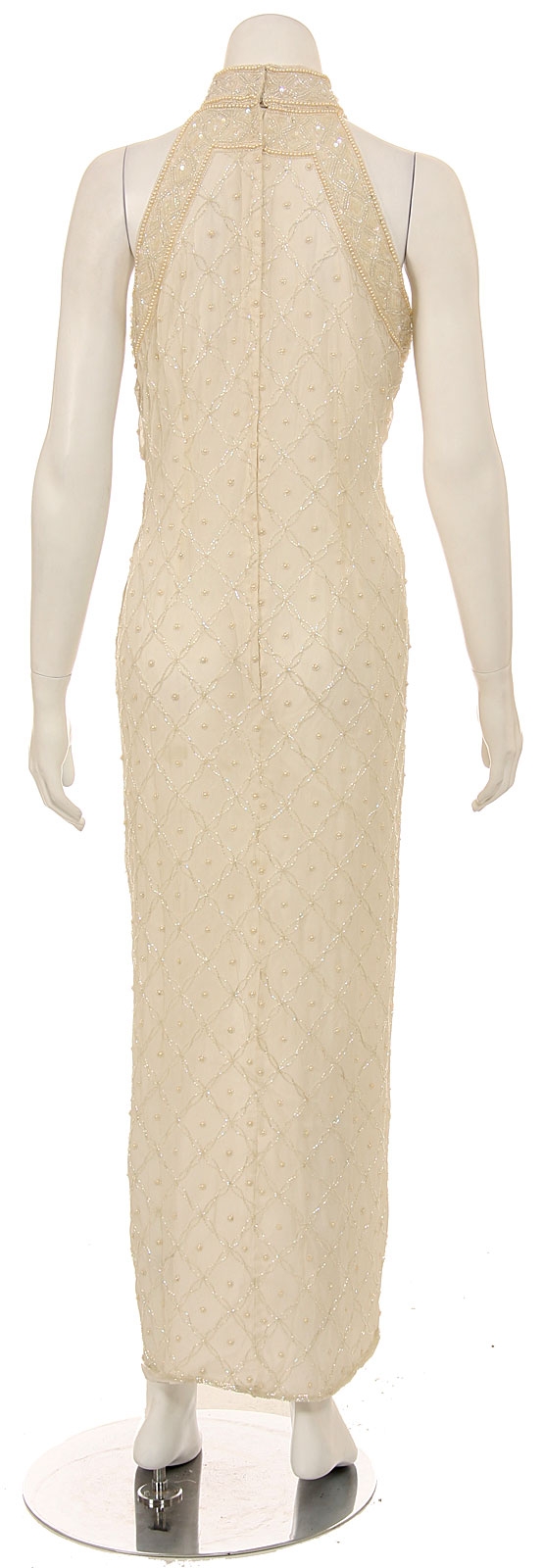 Turtle Neck Beaded Bodice Sequined Formal Dress — back in Ivory