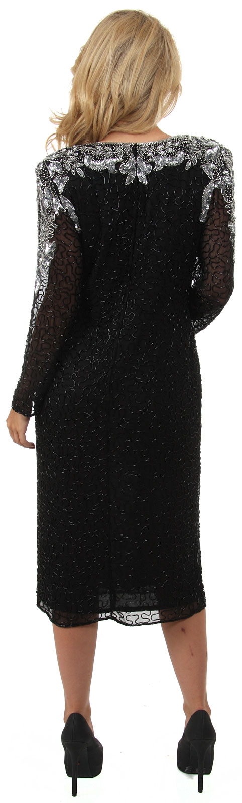 Full Sleeves Medium Length Sequined Cocktail Dress — back