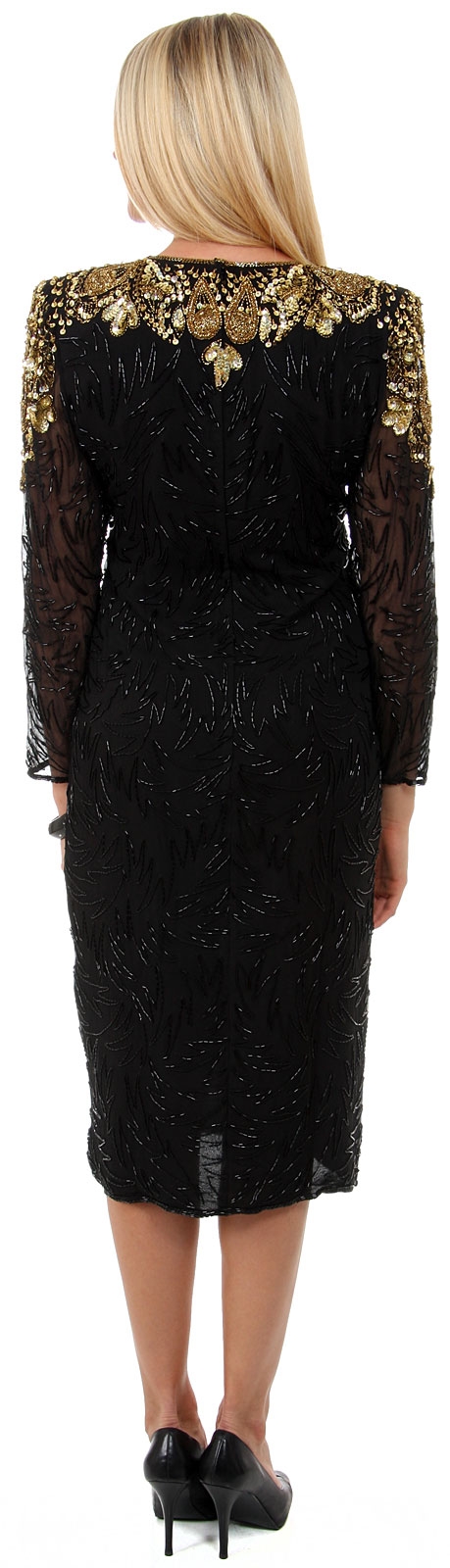 Full Sleeves Tea Length Silk Sequined Formal Dress with Slit — back