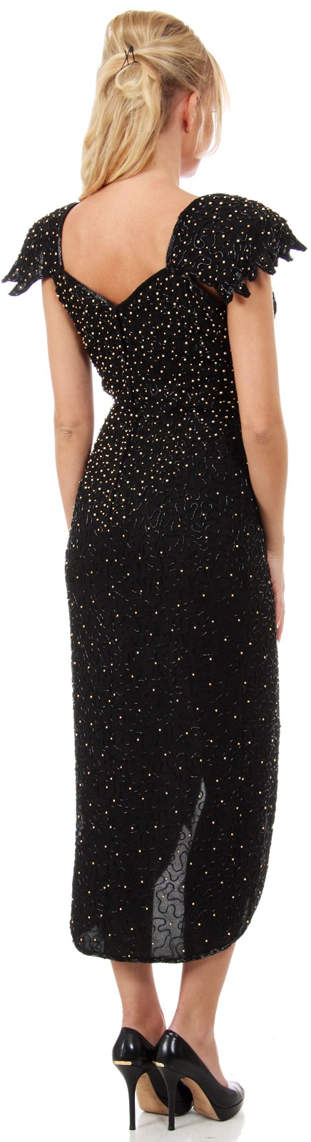 V-Neck Cap Sleeves Tea Length Beaded Cocktail Dress — back