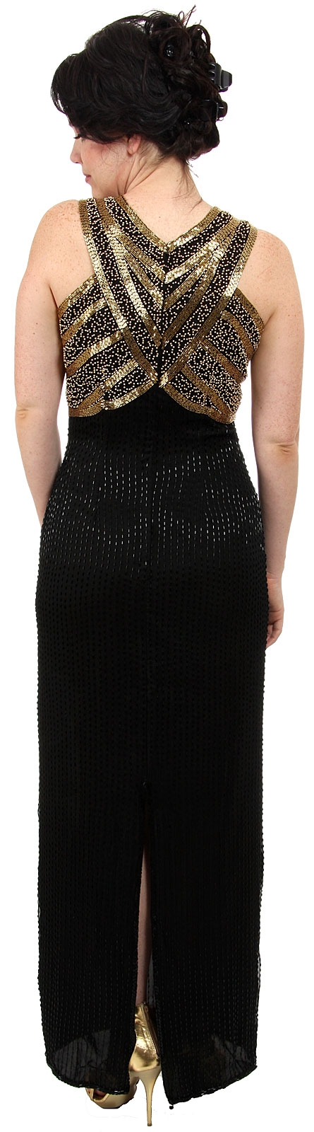 Sleeveless Long Formal Dress with Wrap Style Beaded Bodice — back