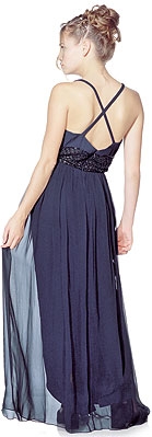 Long Formal Dress with Crossed Back & Beaded Belt  — back in Black Nite