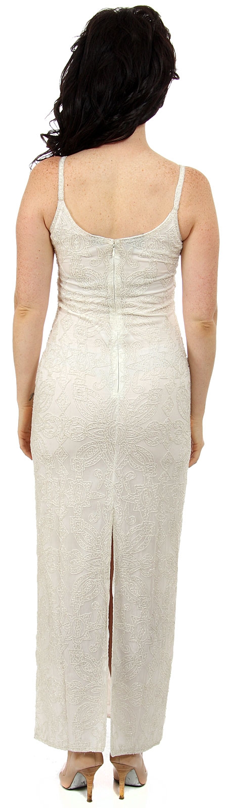 Spaghetti Straps Floral Beaded Pattern Long Formal Dress — back in Ivory