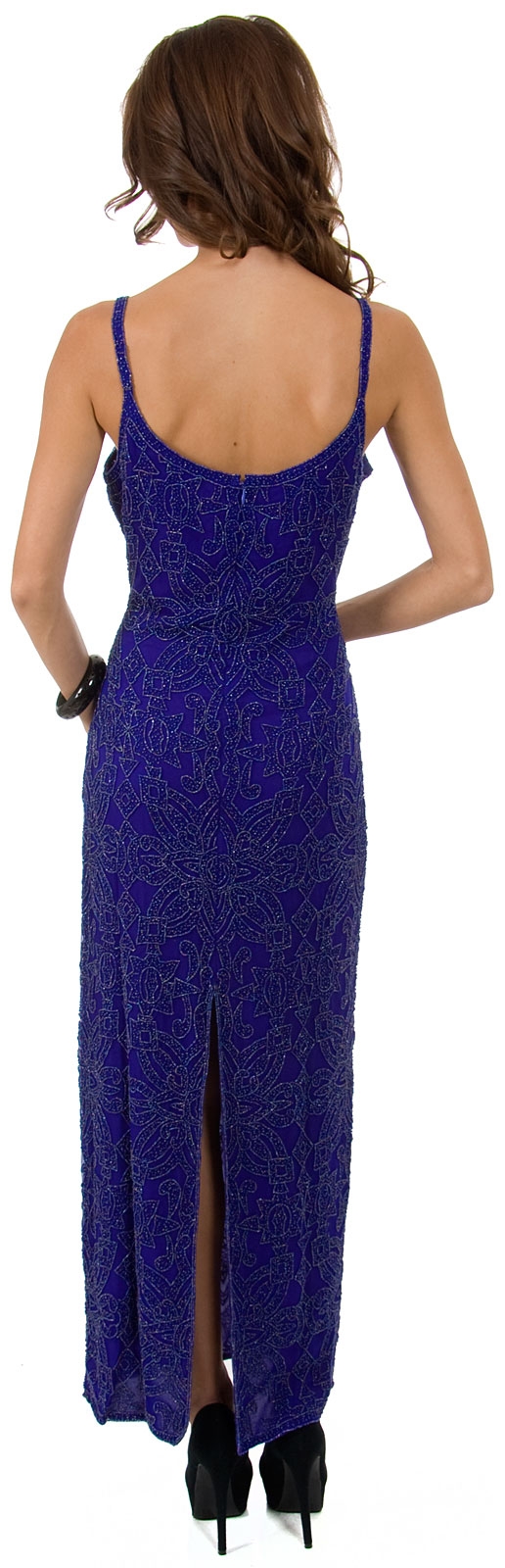 Spaghetti Straps Floral Beaded Pattern Long Formal Dress — back