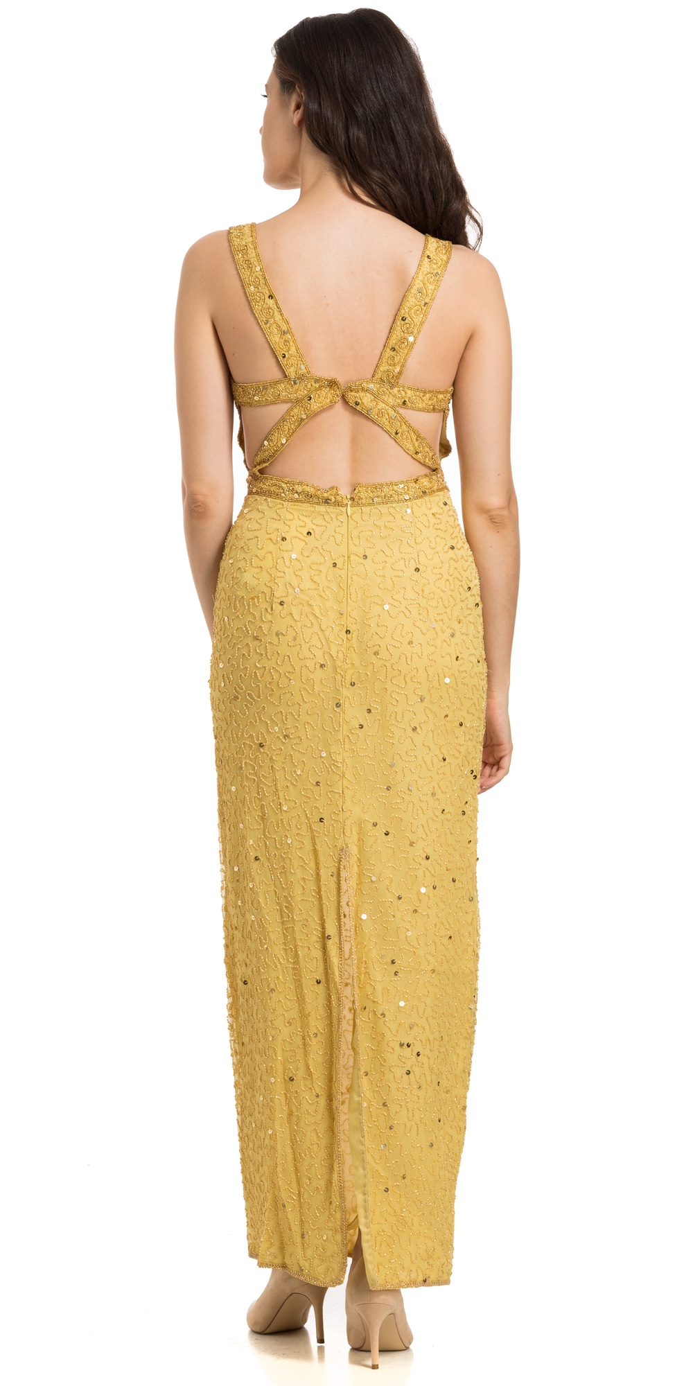 Criss Cross Back Sequin Beaded Pageant Evening Gown — back