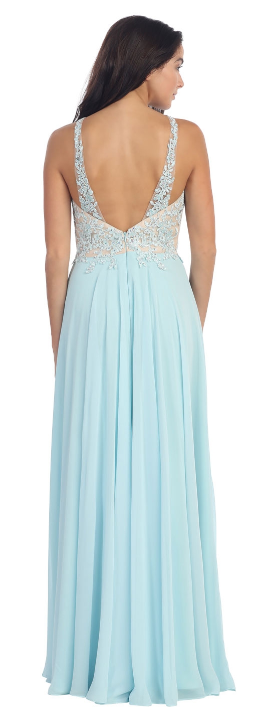 Mesh with Floral Lace Bodice Long Formal Prom Dress — back in Aqua