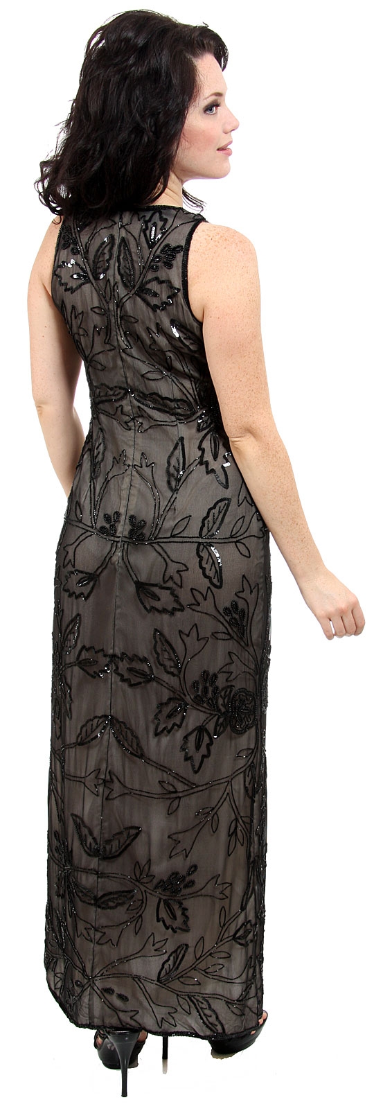 Floral Black Beaded Silk Formal Dress — back in Black/Nude
