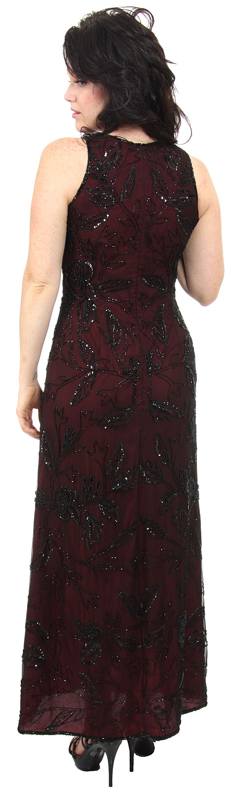 Floral Black Beaded Silk Formal Dress — back