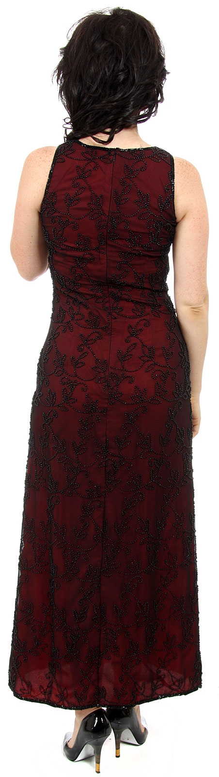 A-Line Long Cocktail Dress with Floral Beaded Pattern — back