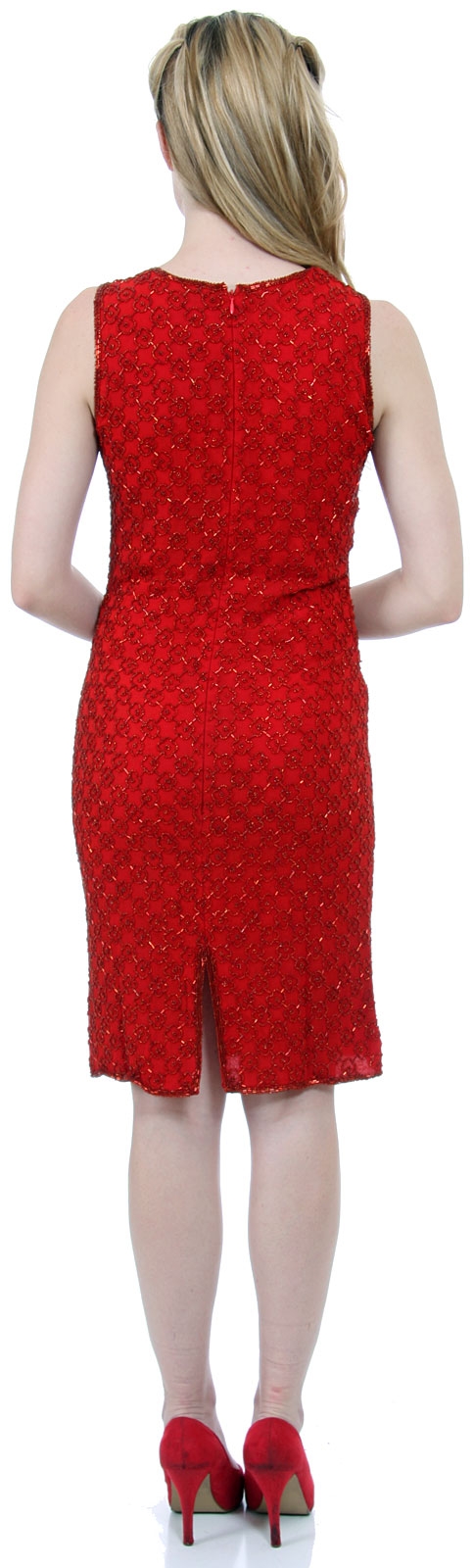 Miniature Floral Beaded Sleeveless Cocktail Dress — back in Red