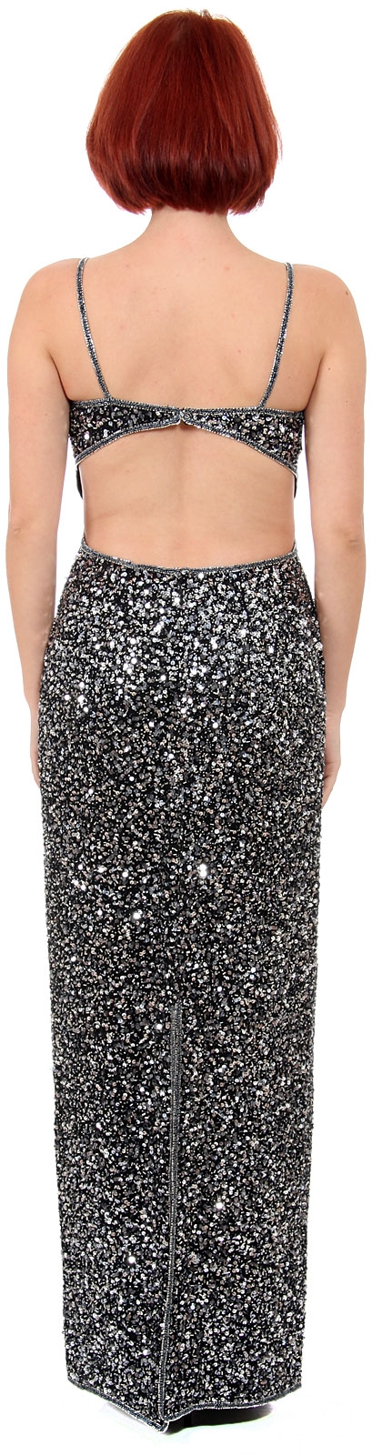 Spaghetti Straps Sequined Long Dress with Keyhole Waist — back in Black/Silver