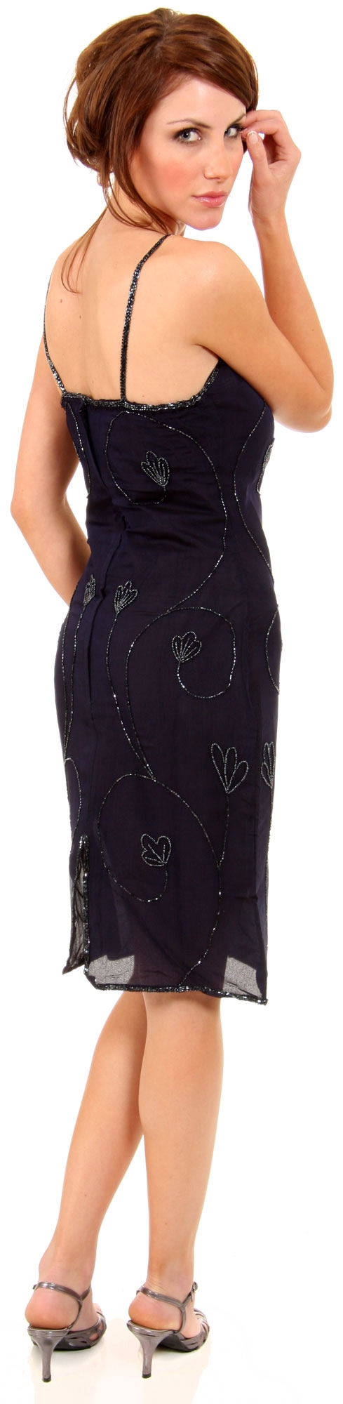 Spaghetti Strapped Party Dress With Flower Petal Beading — back