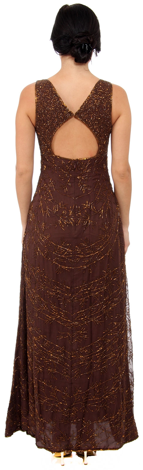 V-Neck Empire Cut A-line Formal Beaded Dress with Keyhole — back