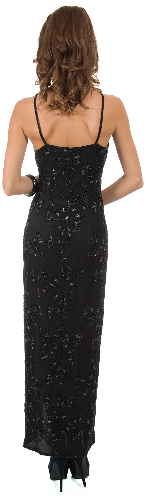 Boat Neck Floral Beaded Formal Evening Dress with Slit — back