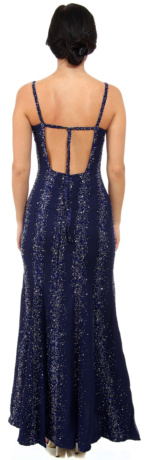 Flared Sequined Prom Dress with Spaghetti Straps — back in Navy