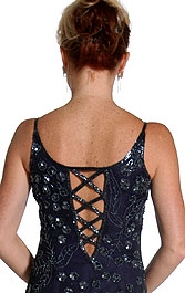 U-Neck Silk Chiffon Gown with Miniature Flowers Beading — back in Navy