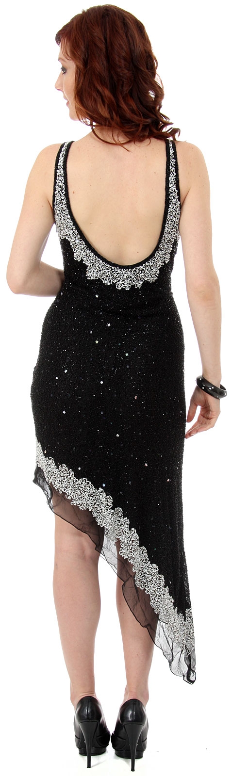 U-Neck Beaded Cocktail Party Dress with Asymmetric Hem  — back