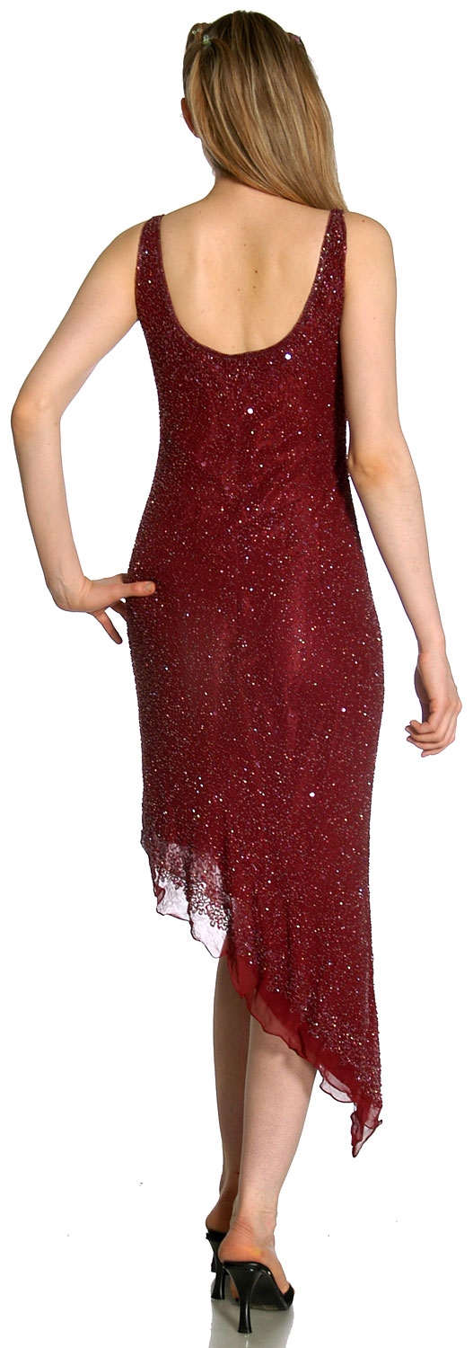 U-Neck Beaded Cocktail Party Dress with Asymmetric Hem  — back in Burgundy