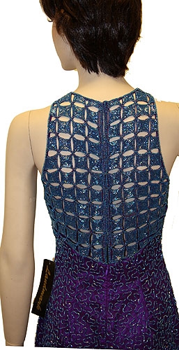 Sleeveless Formal Evening Dress with Exquisite Mesh design — back in Purple/Blue