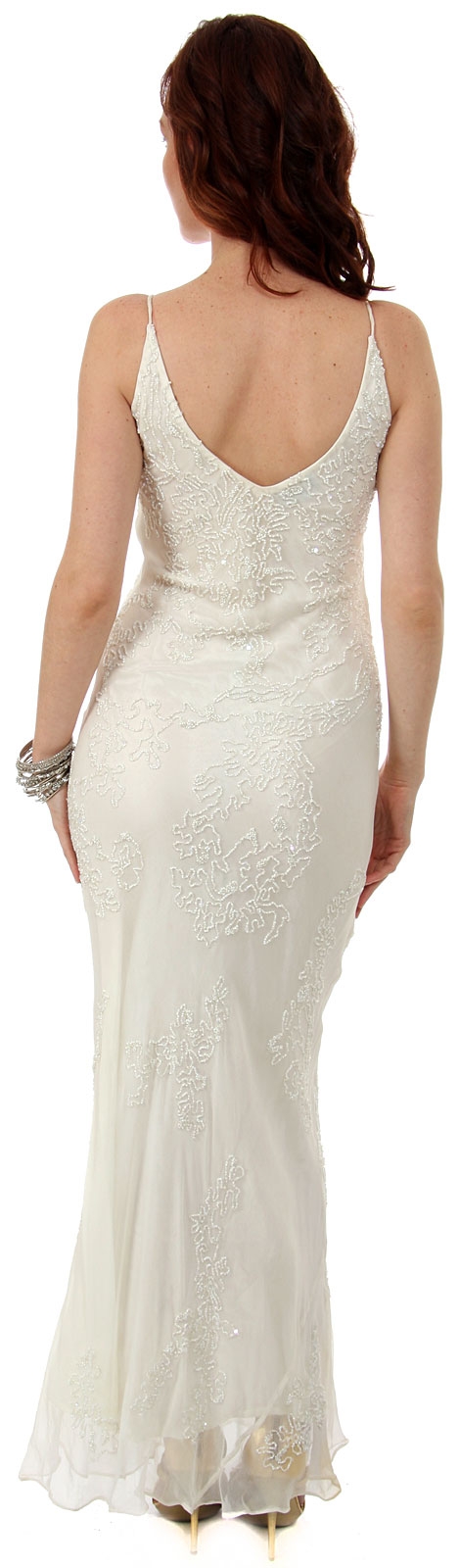 V Neck Beaded Long Formal Evening Dress — back in Ivory/Silver