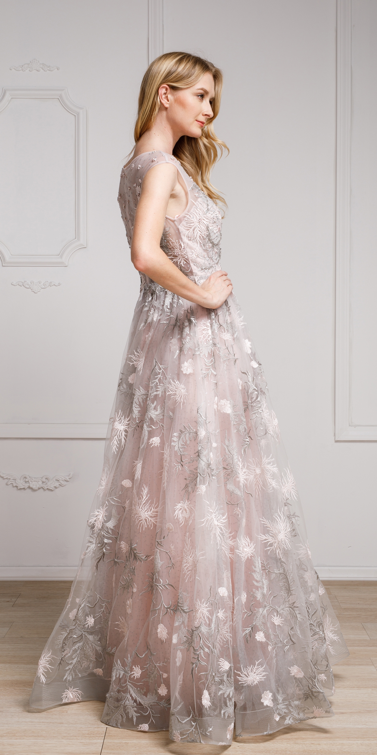 Floral & Embroidered Full Length Prom Gown — back