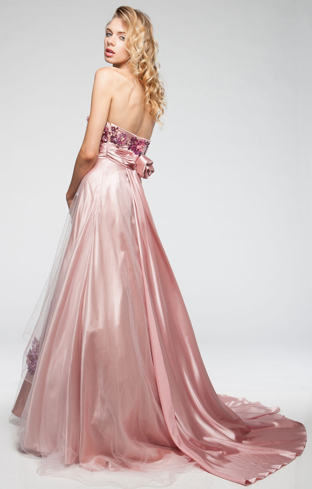 Strapless Floral Pattern Satin & Mesh Prom Ball Gown — back