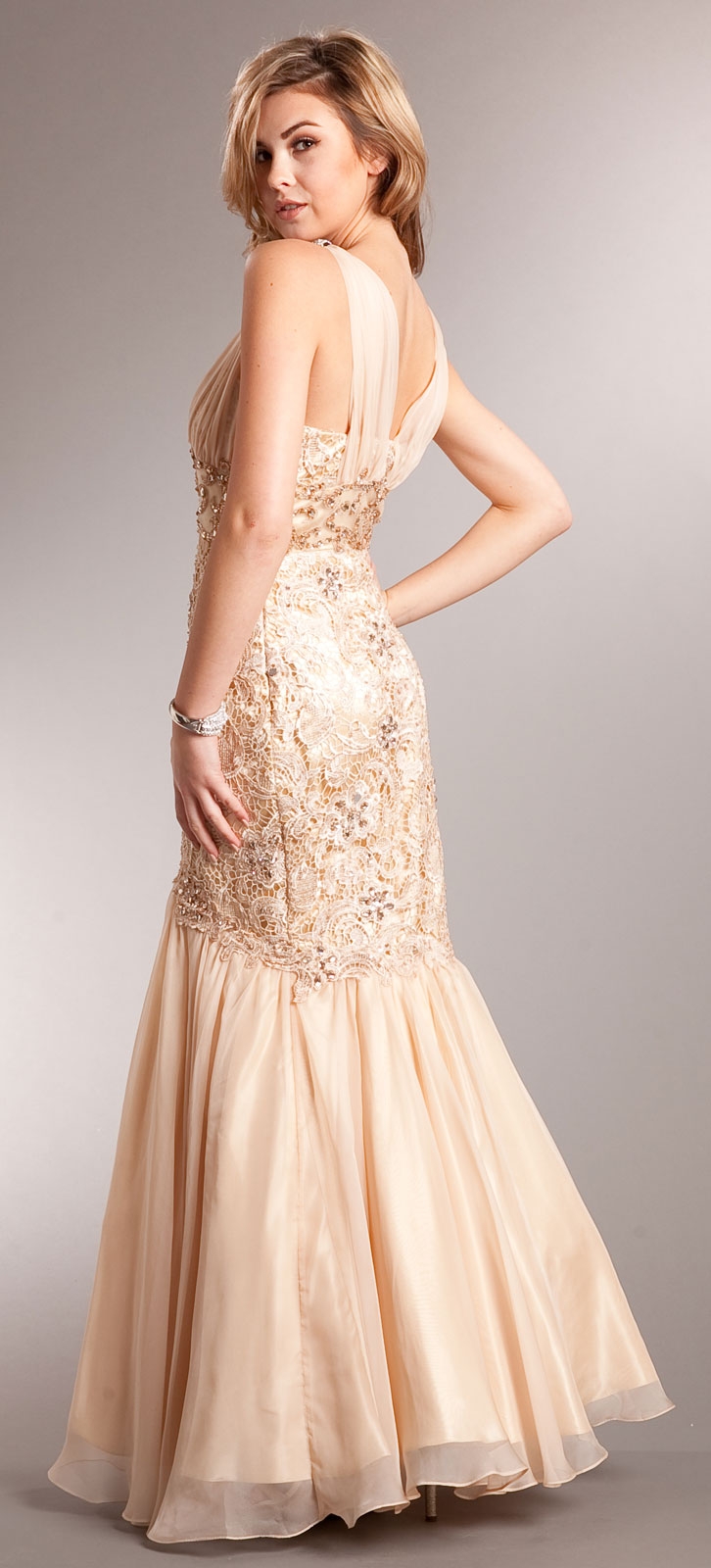 Bejeweled Lace Bodice Mermaid Skirt Long Formal Prom Gown — back