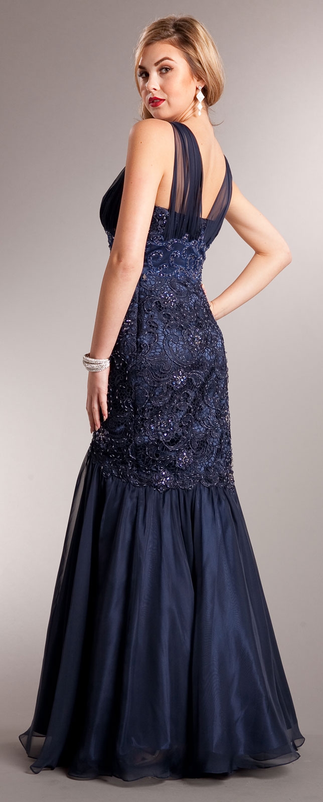 Bejeweled Lace Bodice Mermaid Skirt Long Formal Prom Gown — back in Navy