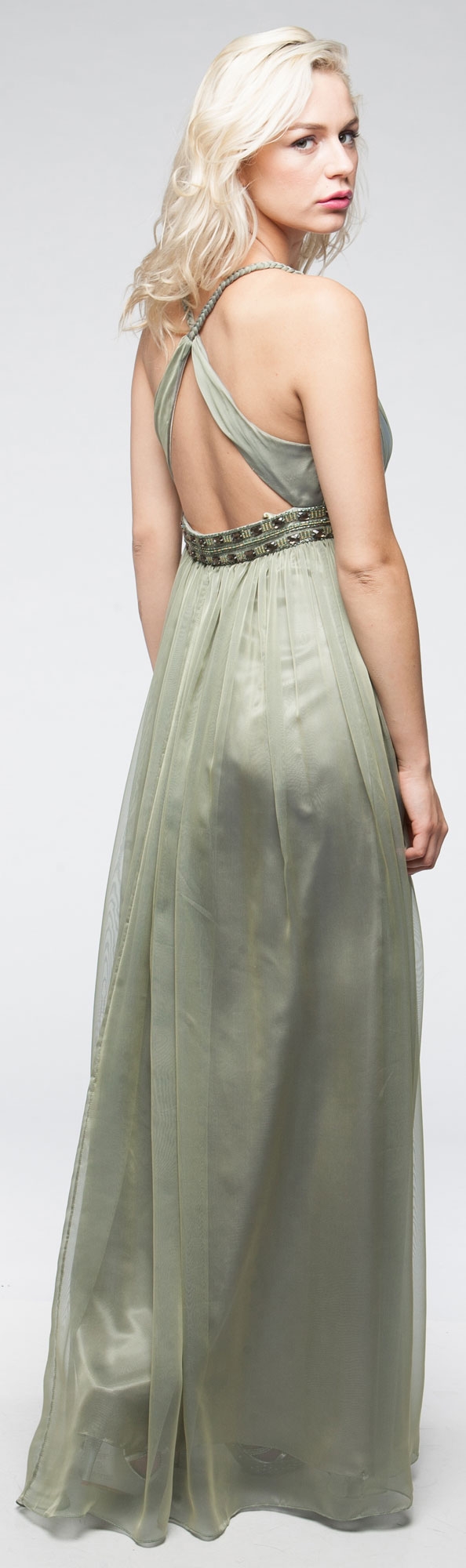 Deep V-Neck Braided Straps Long Formal Prom Dress — back in Olive Green