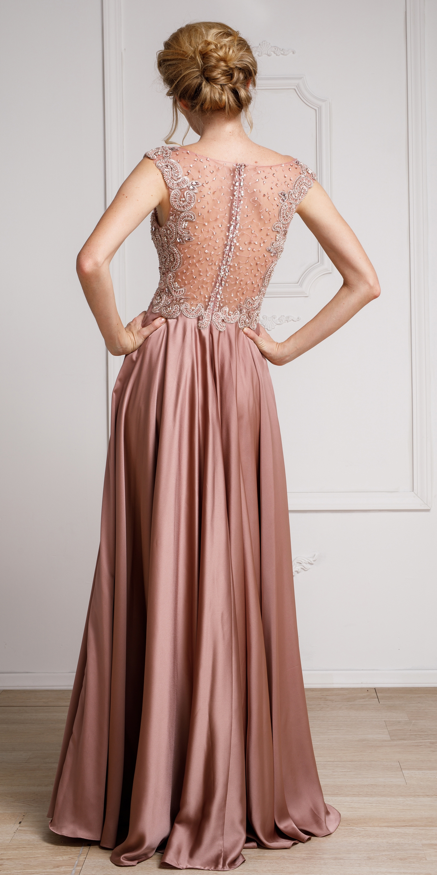 Embellished Sheer Top Long Prom Pageant Satin Dress — back
