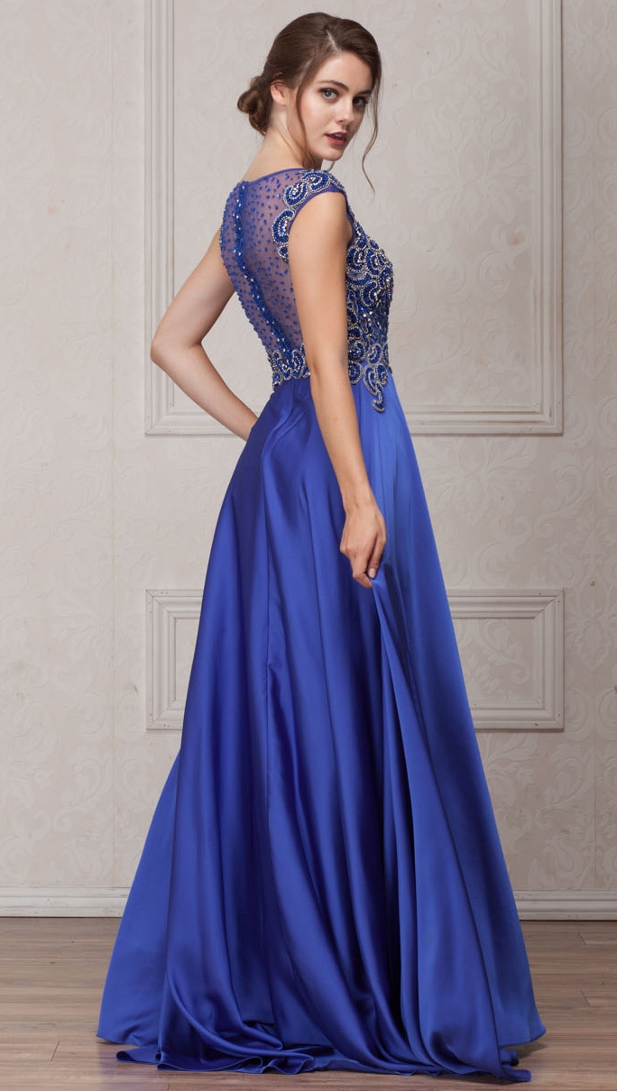 Embellished Sheer Top Long Prom Pageant Satin Dress — back in Royal Blue