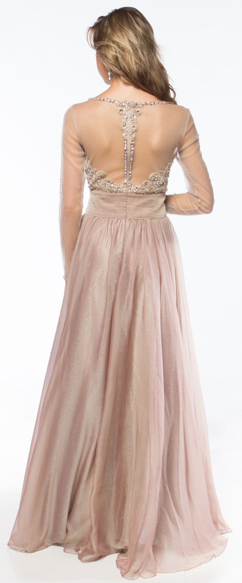 Full Sleeves Mesh Beaded Bodice Long Prom Pageant Dress — back