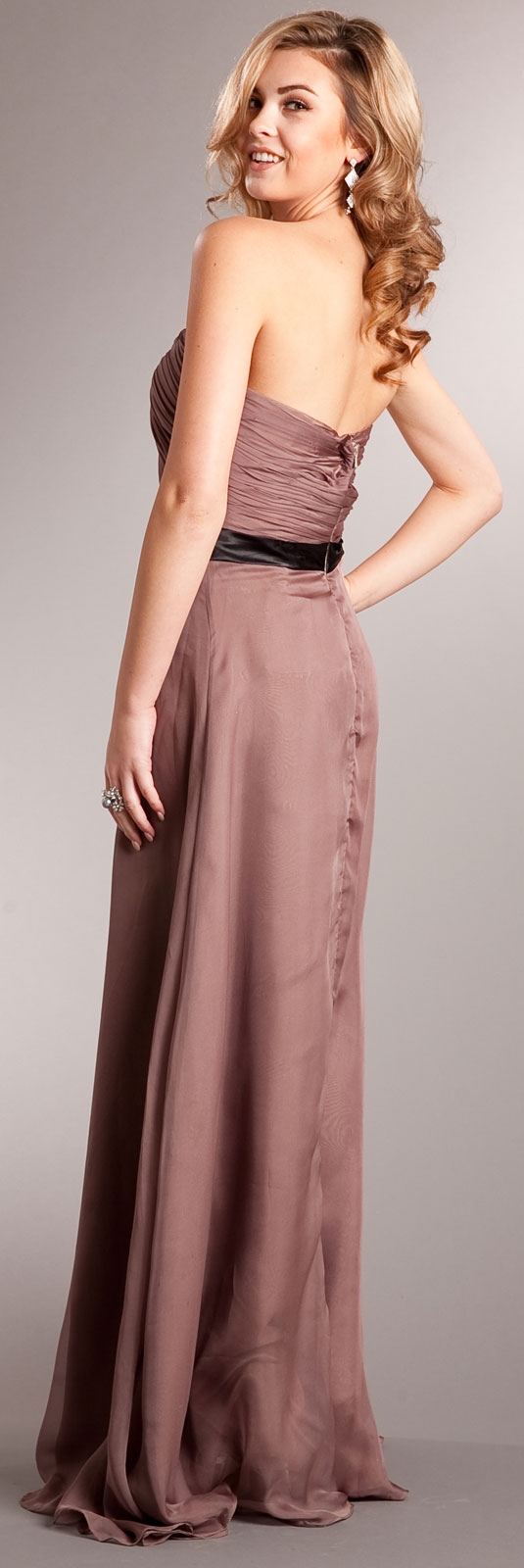 Strapless Long Formal Dress with Pleating & Belt — back