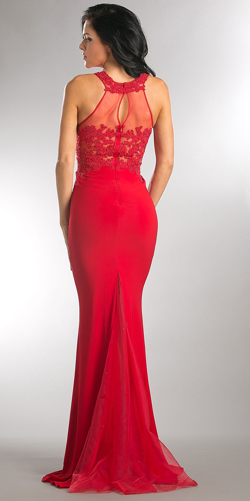 Beaded Lace & Mesh Bodice Long Prom Pageant Dress — back