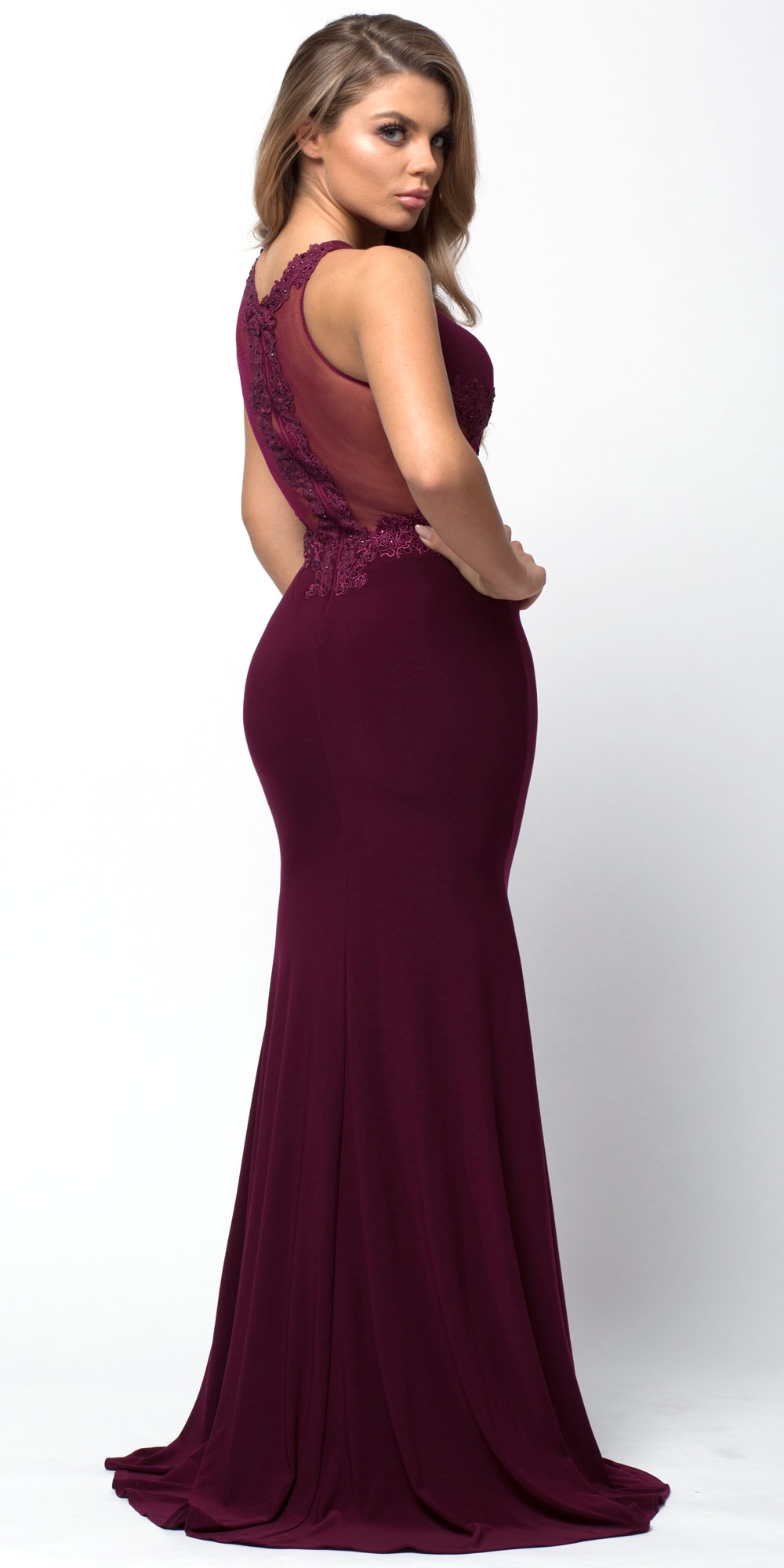 Lace Accent Sheer Waist Long Formal Evening Jersey Dress — back in Burgundy