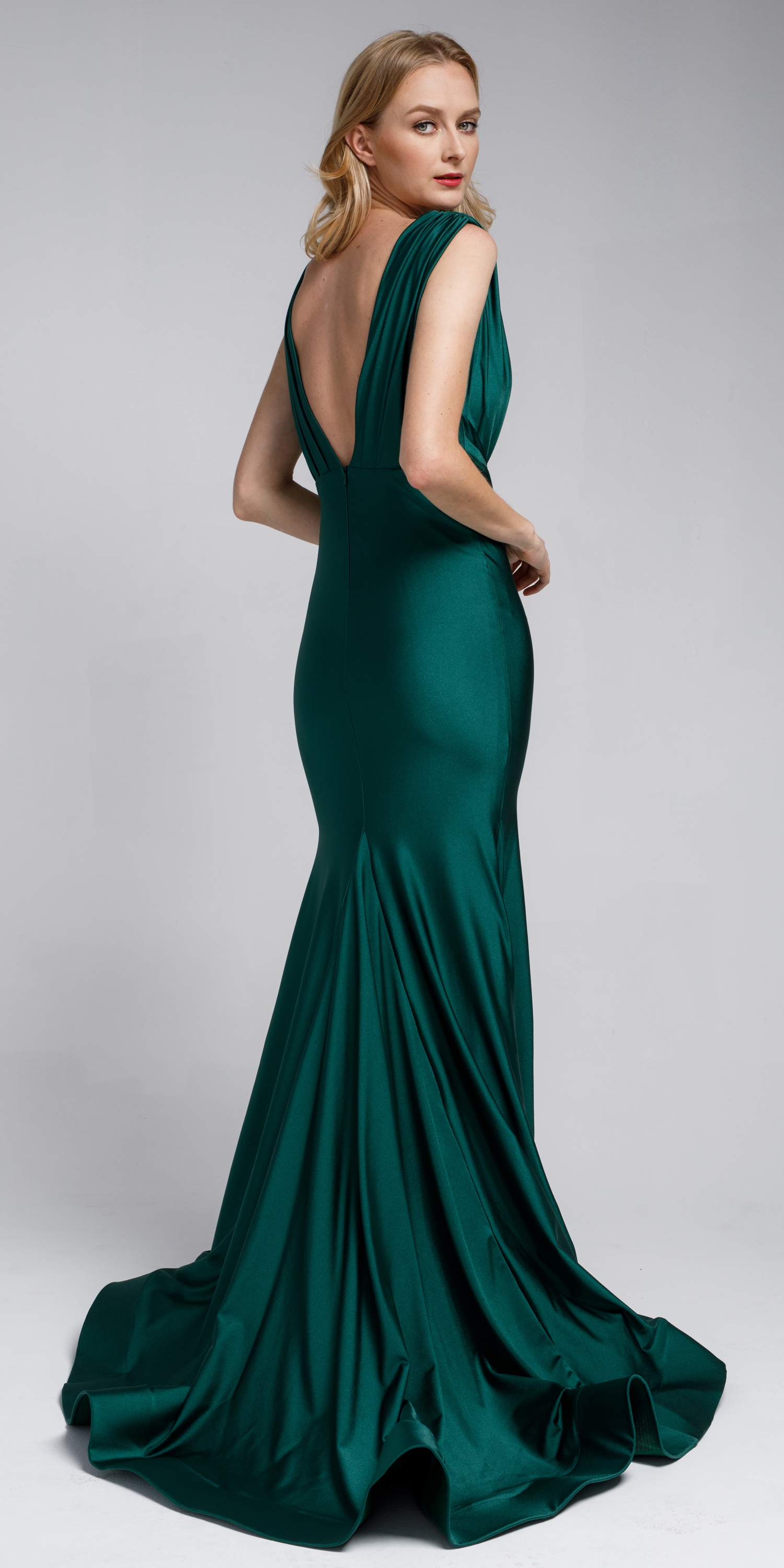 Satin Fitted V Neck Prom Dress — Green in Back