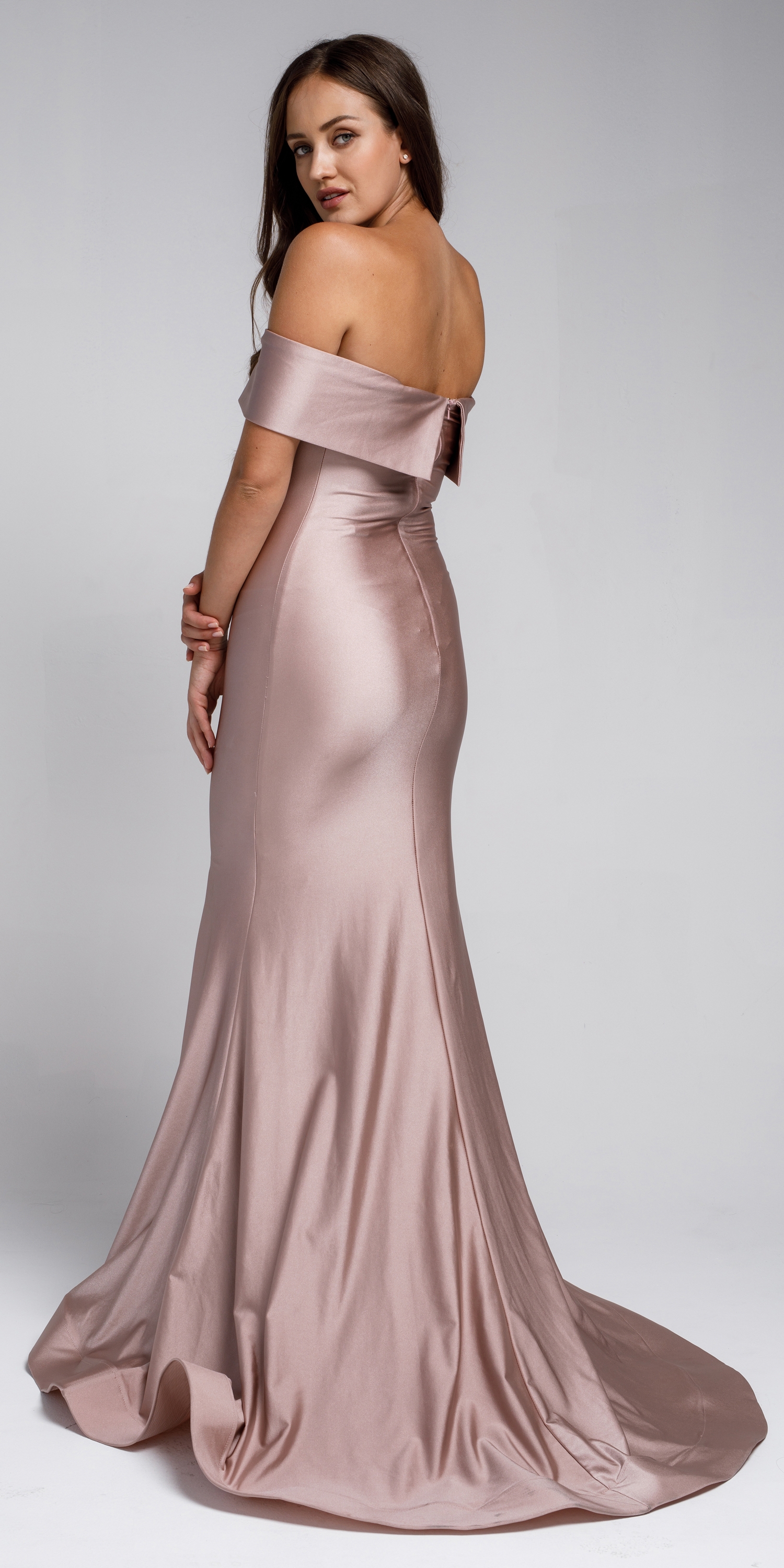 Off Shoulder Fitted Prom Gown — back in Rose