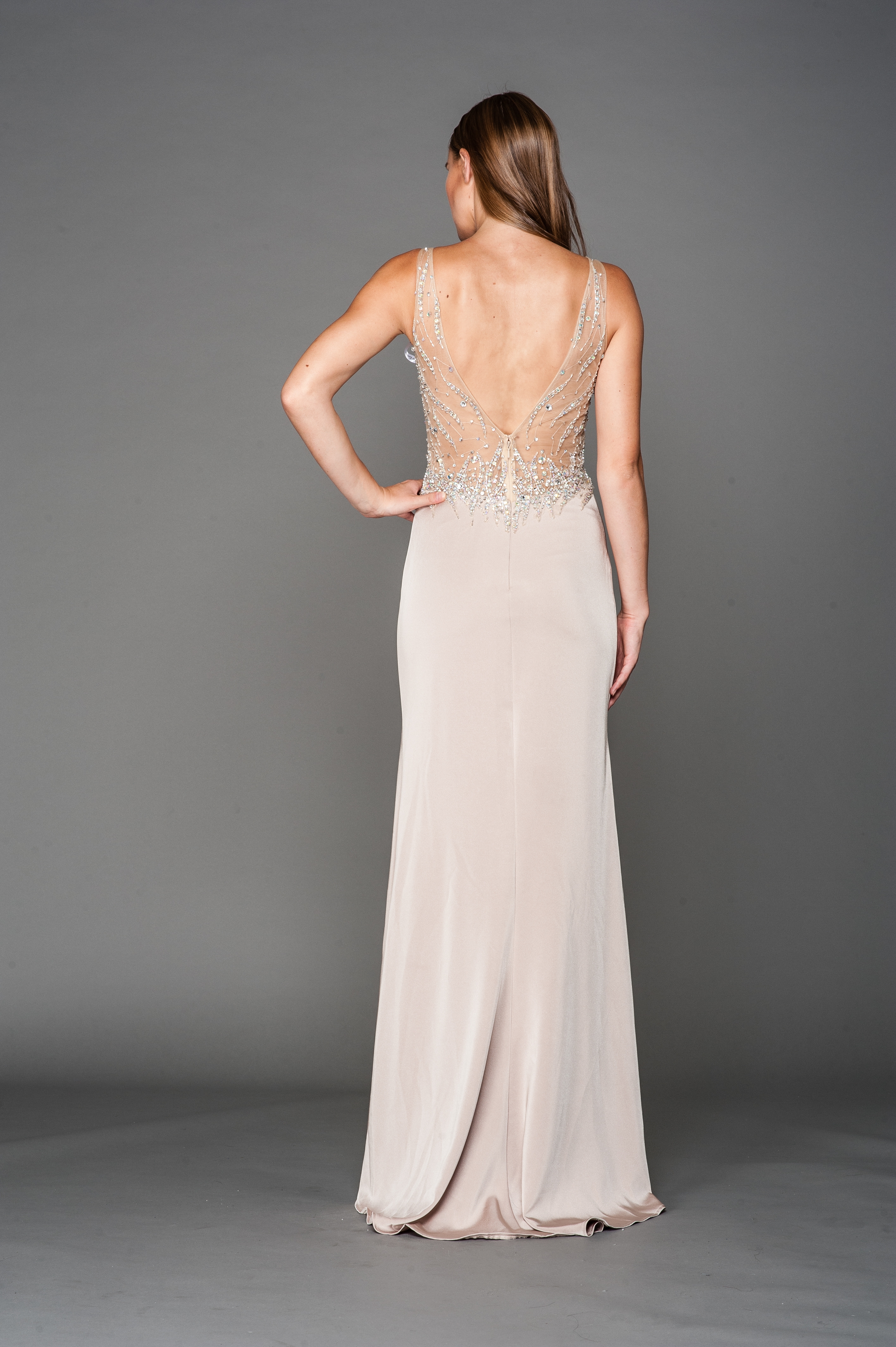 V-Neck Mesh Bejeweled Bodice Long Prom Pageant Dress — back in Champaign