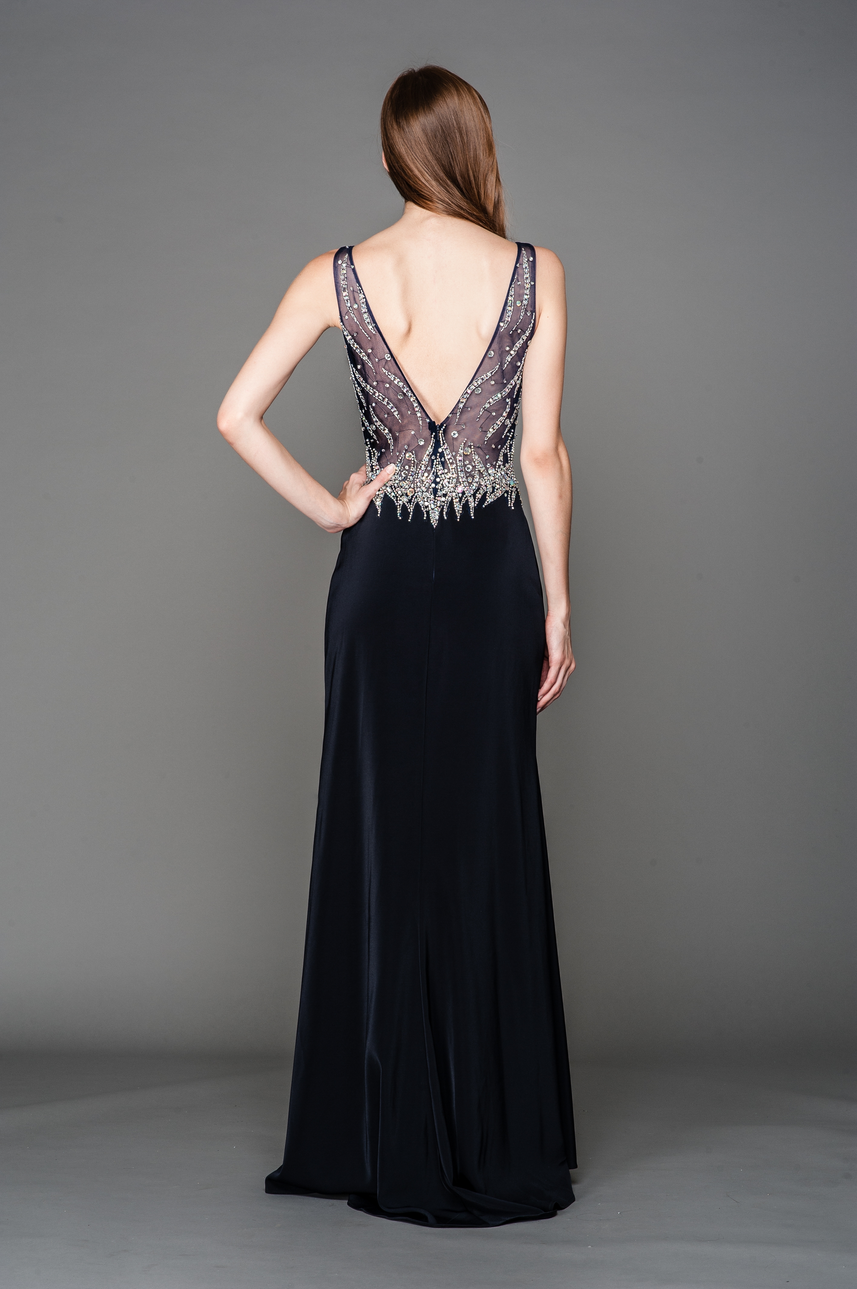 V-Neck Mesh Bejeweled Bodice Long Prom Pageant Dress — back