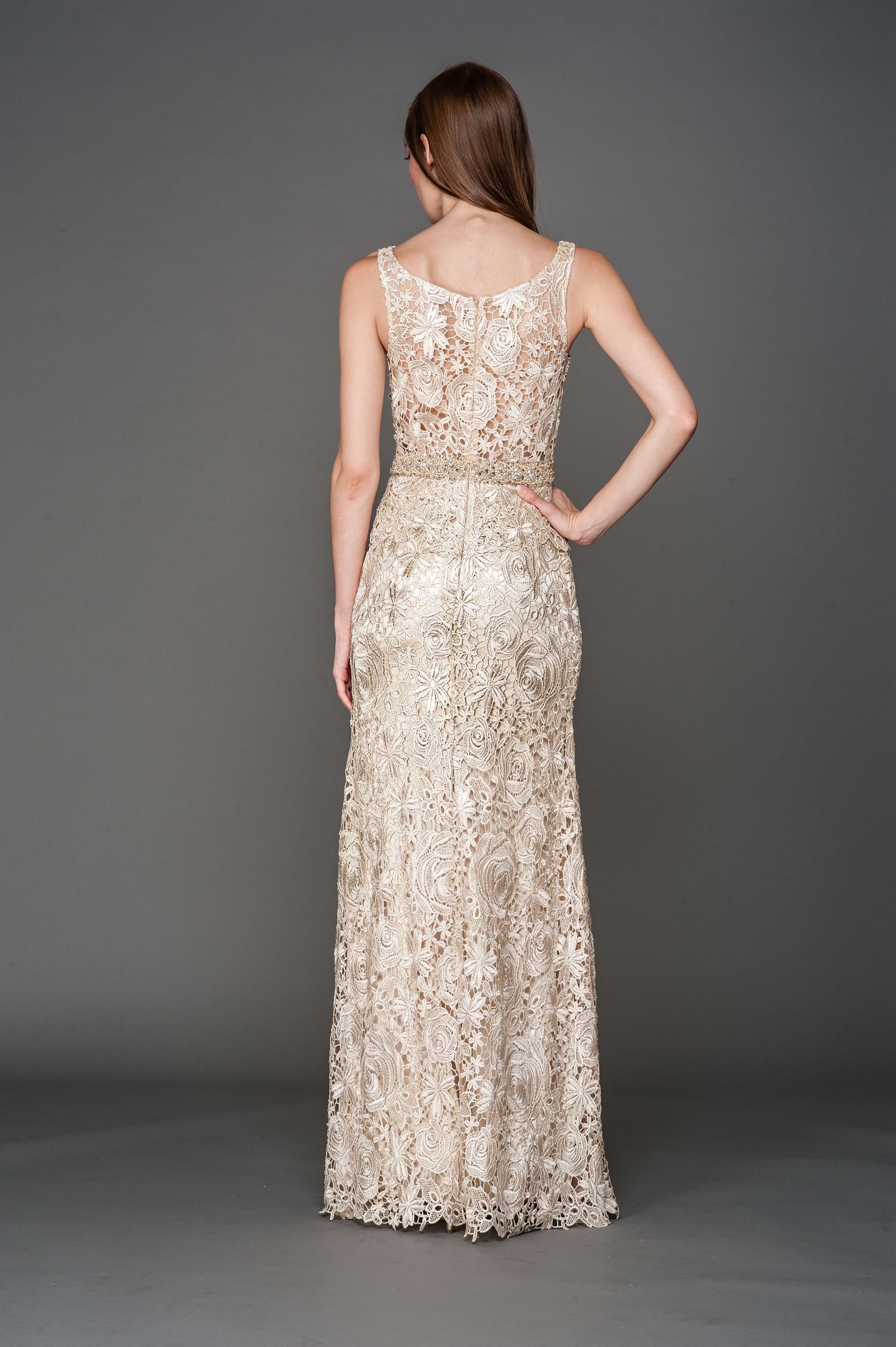 Boat Neck Shiny Rose Lace Long Formal Prom Dress — back