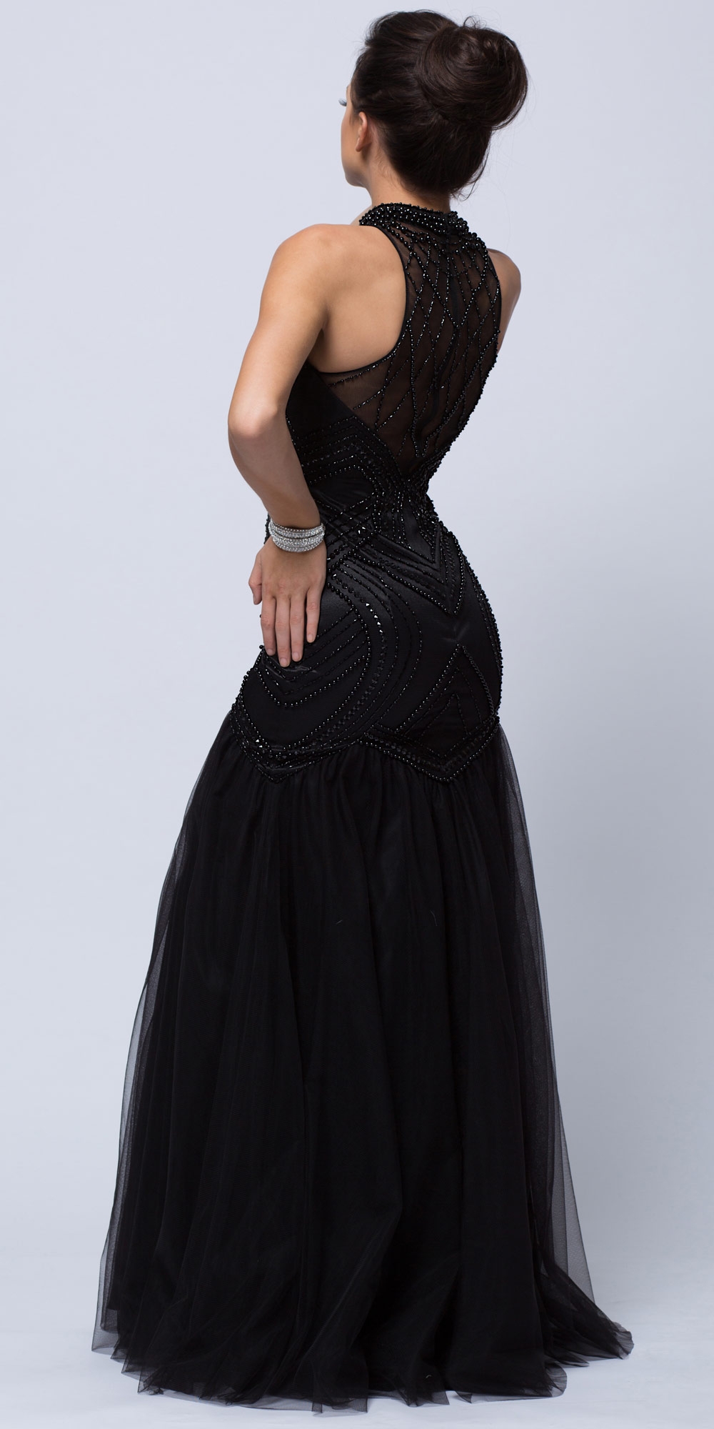 High Neck Beaded Bodice Mermaid Style Mesh Long Prom Dress — back