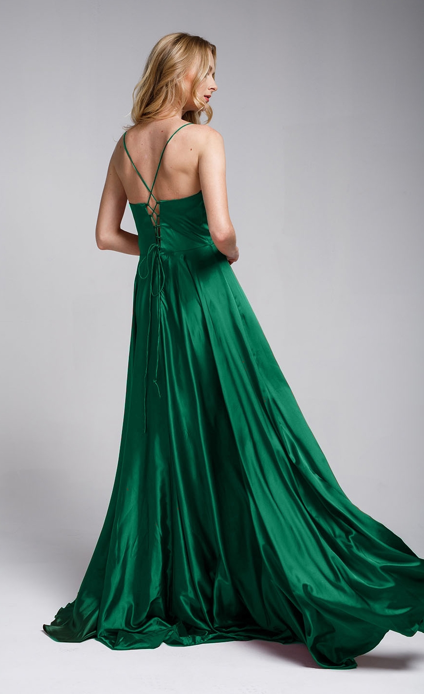 A-Line Spaghetti Prom Gown with Long Flowing Skirt — back in Green