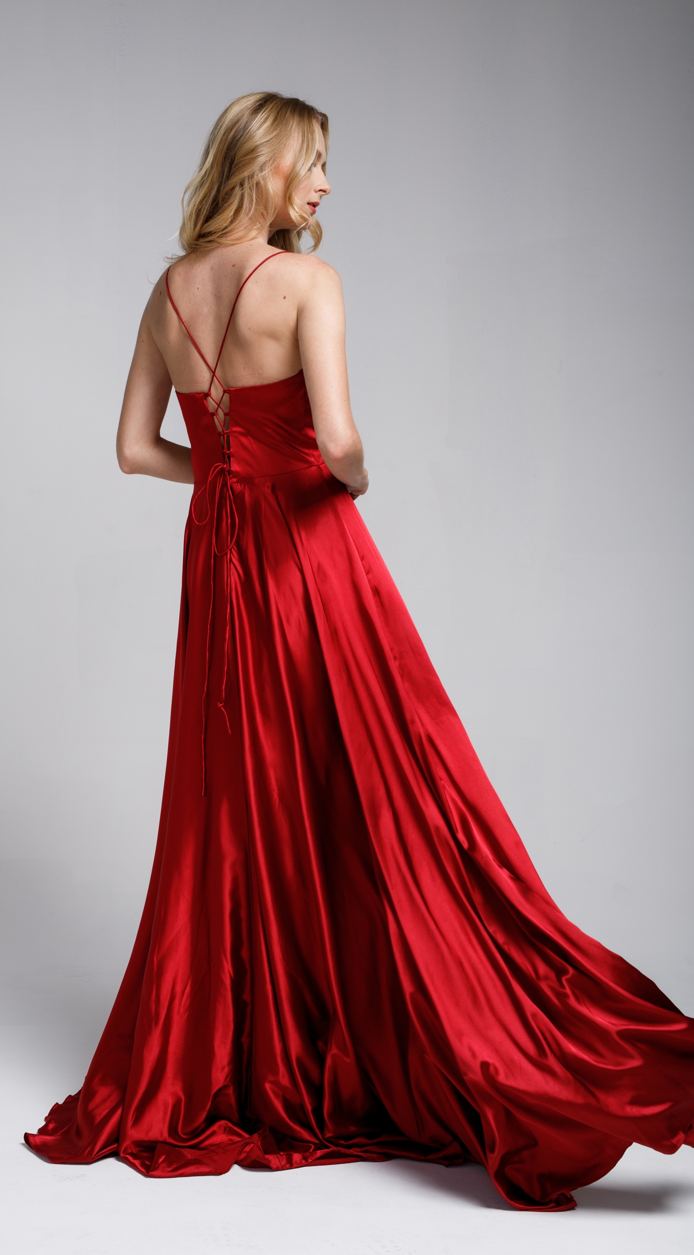 A-Line Spaghetti Prom Gown with Long Flowing Skirt — back
