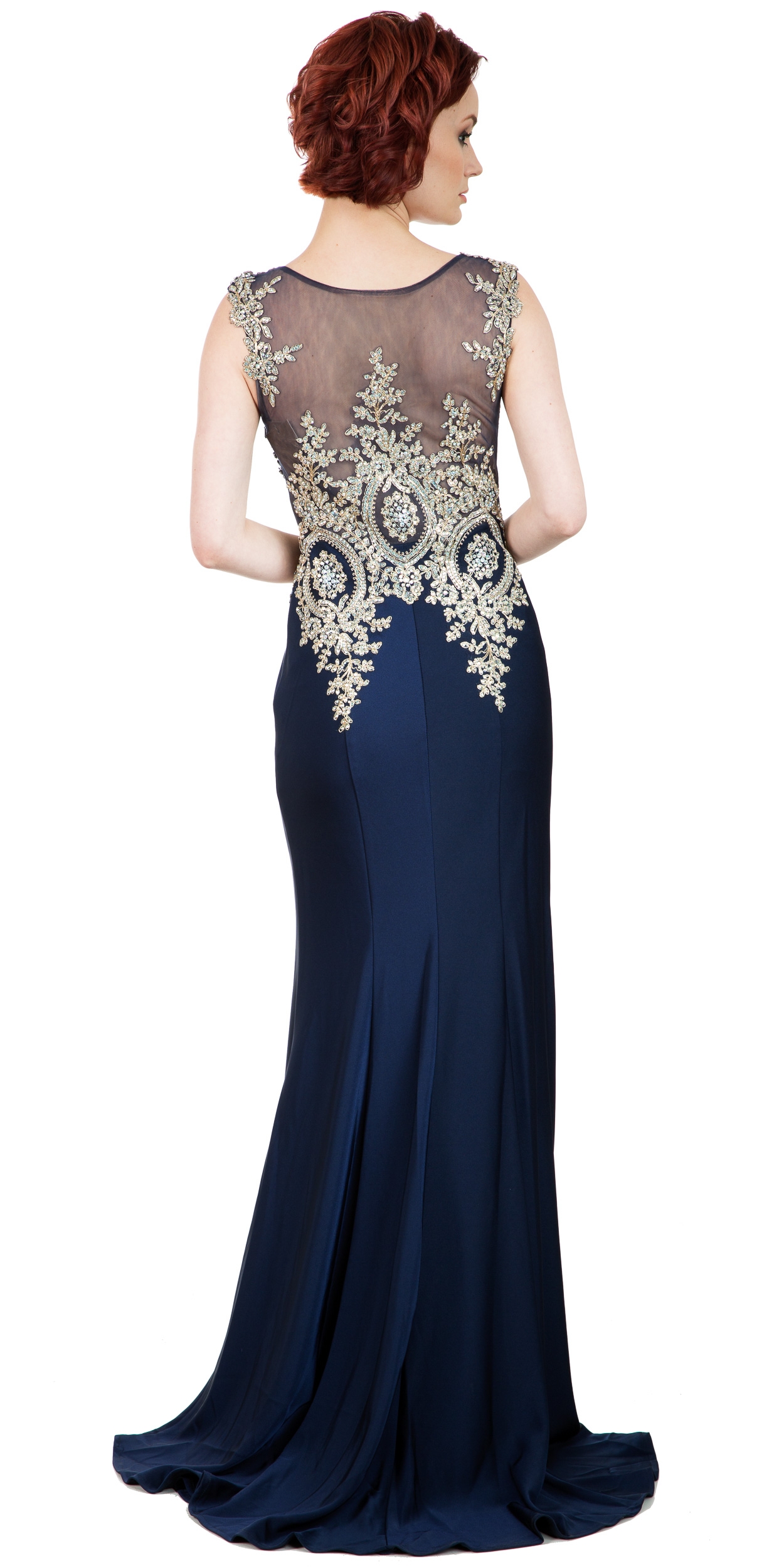 Boat Neck Fully Embroidered Bodice Long Formal Prom Dress — back