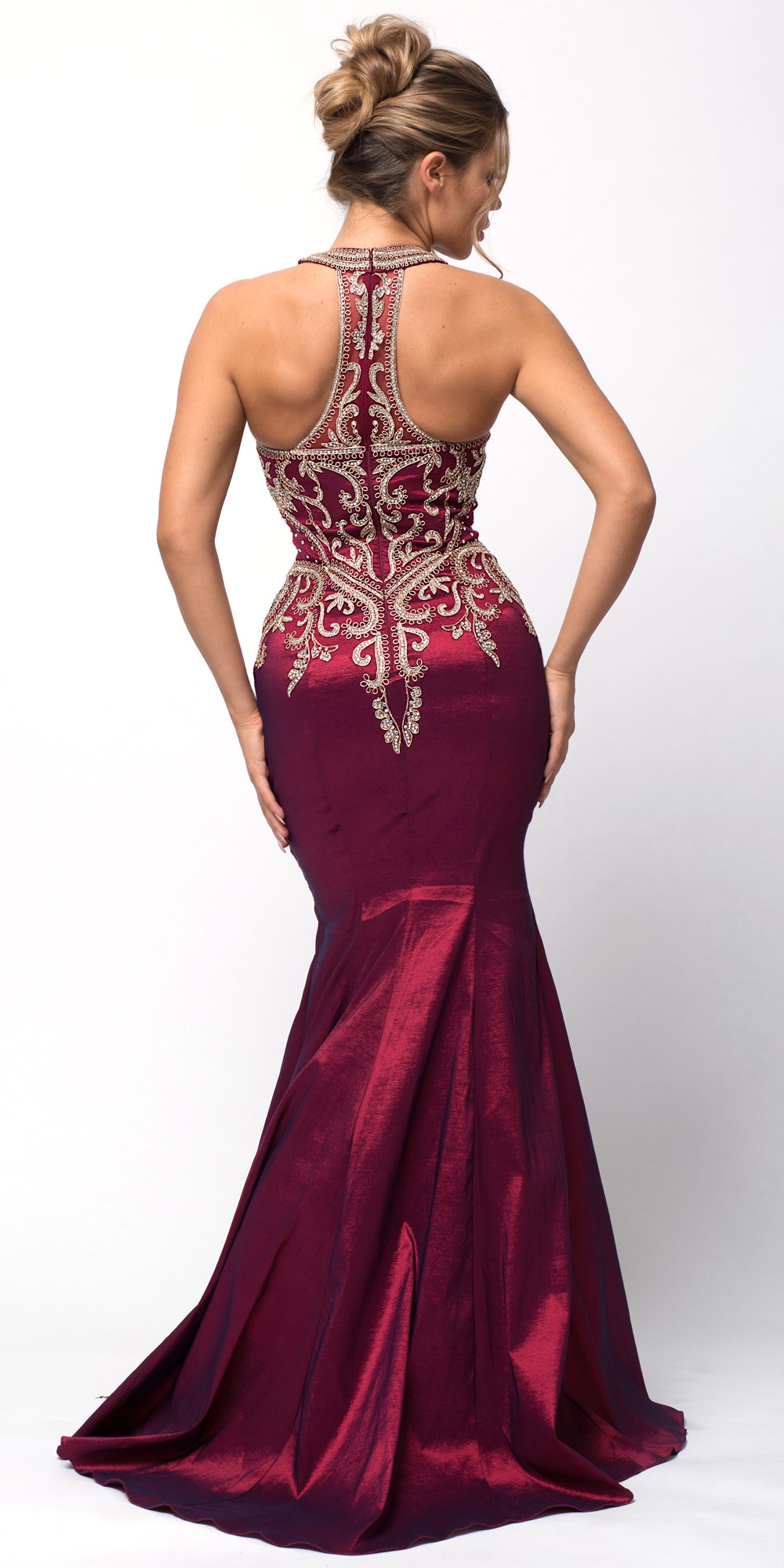 Embellished Bodice Round Neck Fit-n-Flare Long Prom Dress — back in Burgundy
