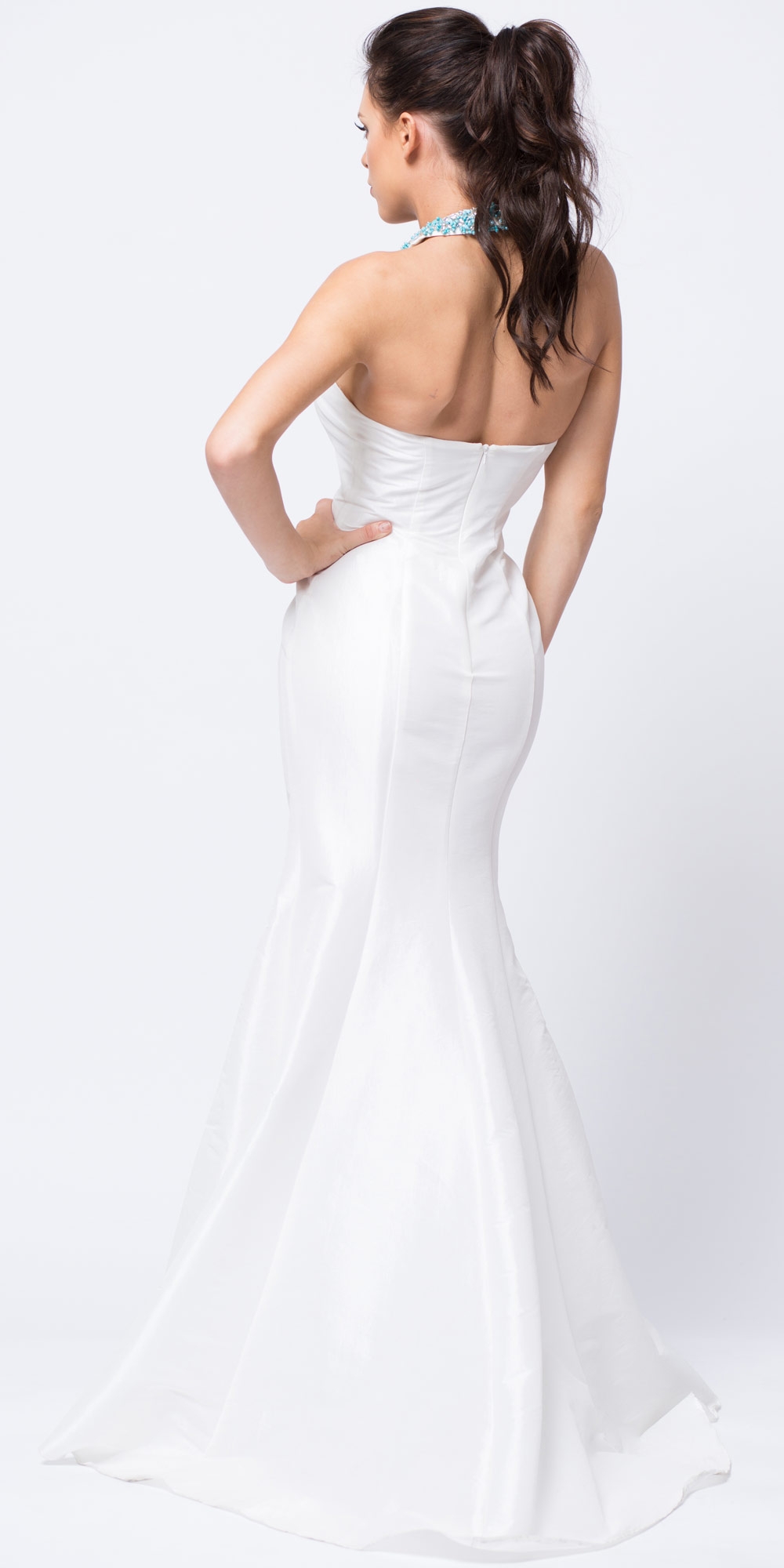 Bejeweled Halter Necklace Fit-n-Flare Long Prom Dress — back in Off White