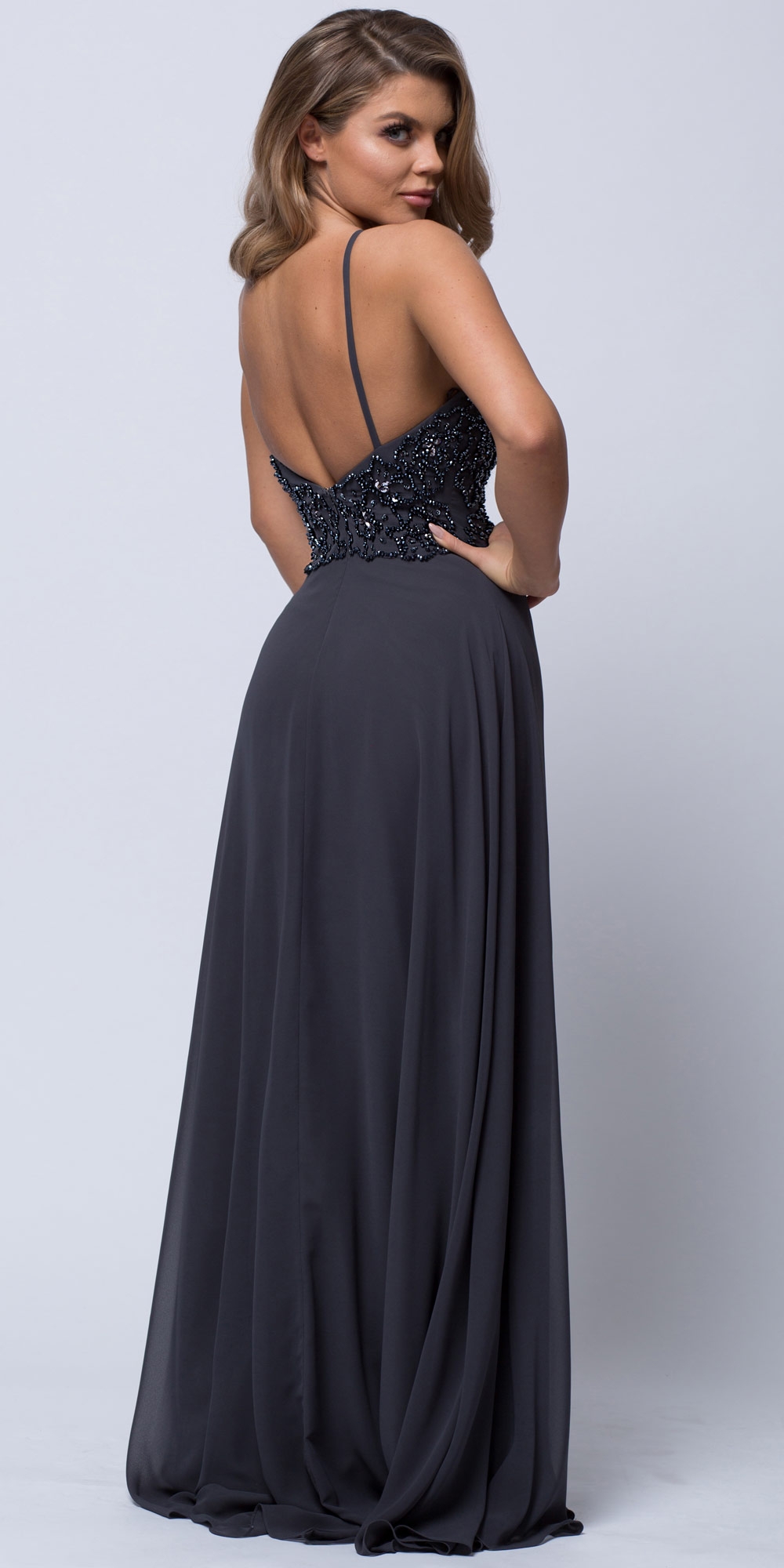 Beaded Halter Top Spaghetti Straps Long Formal Prom Dress — back